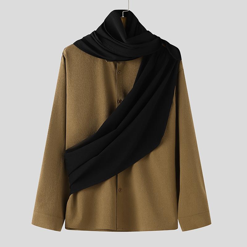 

INCERUN Мужские рубашки с воротником-хомутиком и длинными рукавами спереди, повседневные топы в стиле пэчворк L