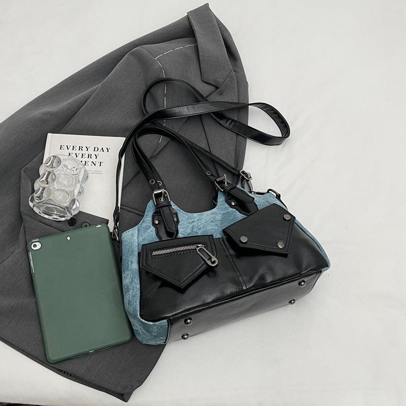 Vintage Euro-American Large Capacity Shoulder Bag New Crossbody Bag Patchwork Women Bag Minimalist Soft Leather Tote Bag