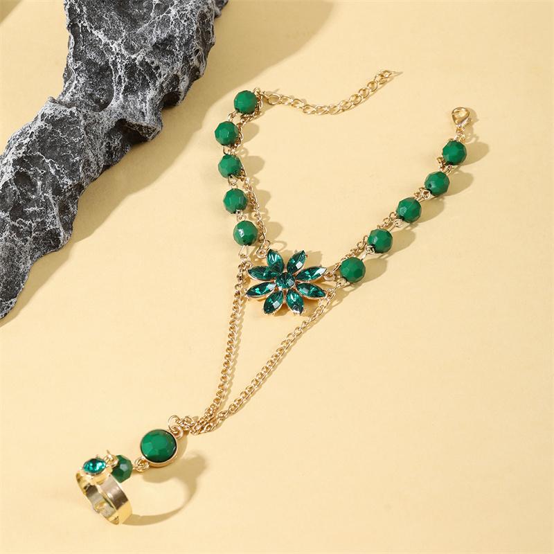 

Women s Light Luxury Black Zircon Flower Finger Ring Bracelet Red Green Link Chain Party Jewelry Accessory
