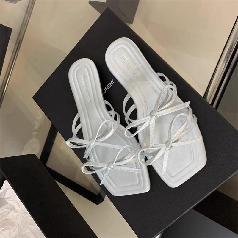 Fashion SUOJIALUN 2025 Summer New Brand Women Slipper Fashion Bow-knot Square Toe Slip On Ladies Slides Shoes Flat Heel Beach Sandal Sho