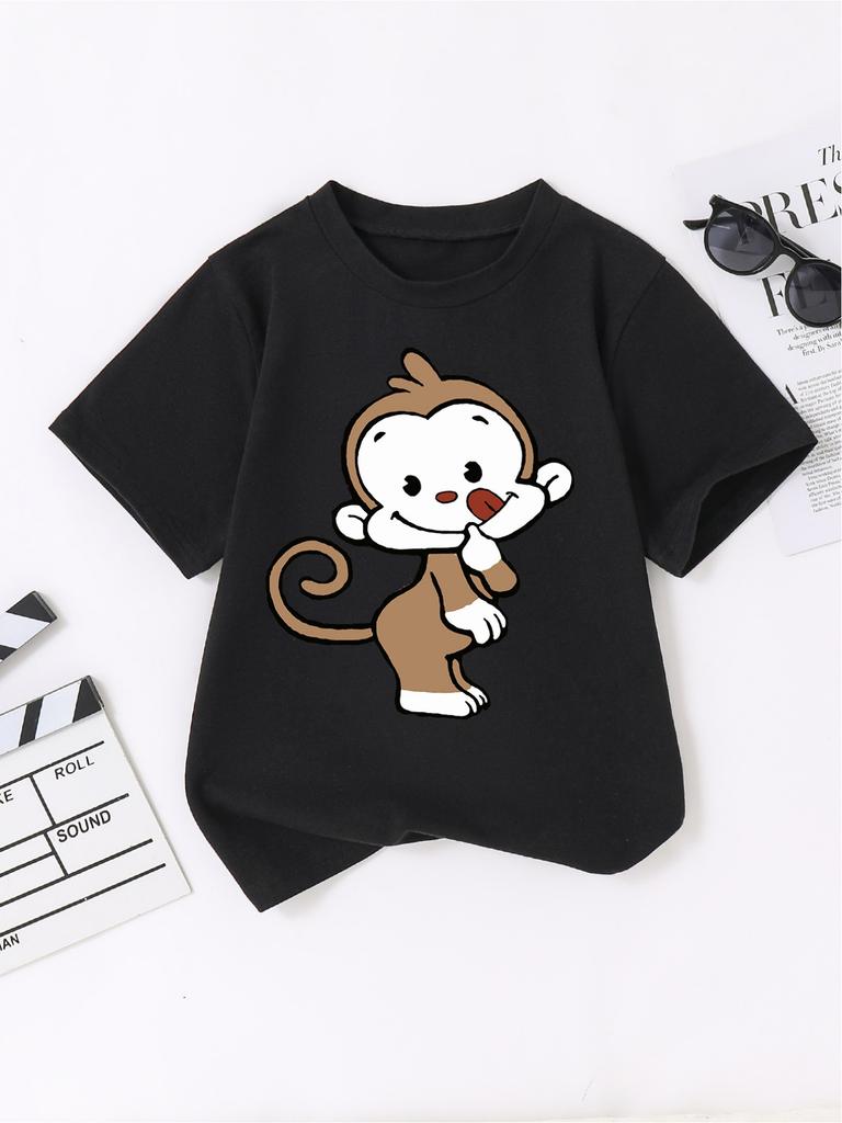Cute Monkey Playful Print Summer Childrens Cute Short Sleeved Round Neck Casual Top Boys and Girls Tshirt Clothing