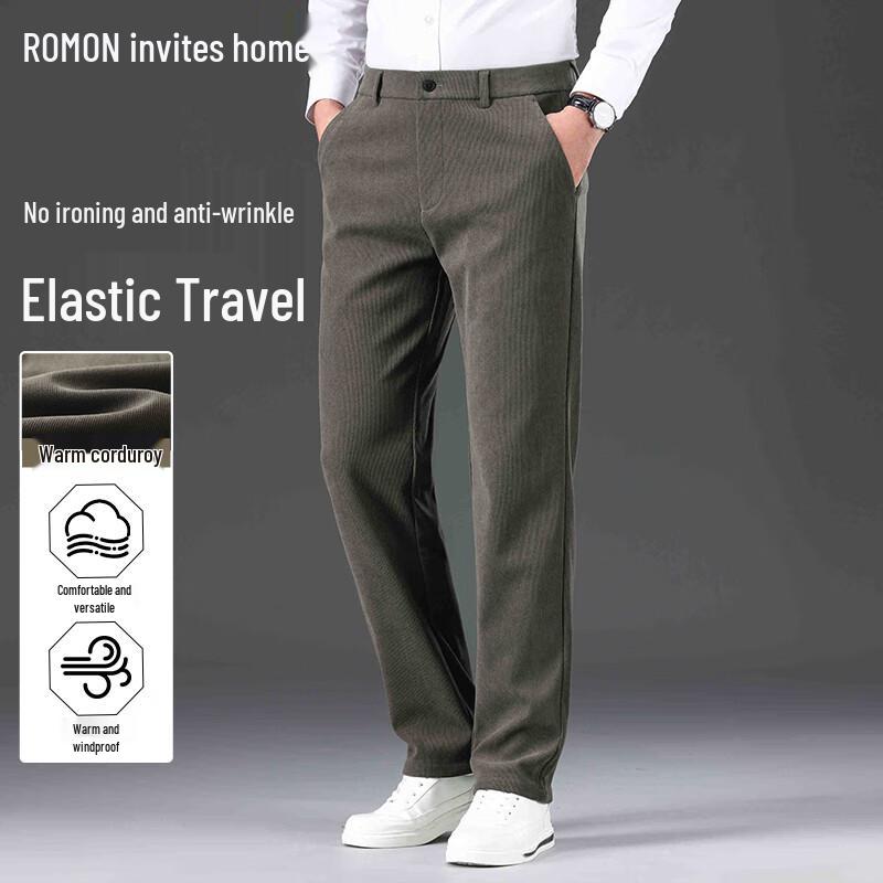 ROMON Men's Warm Corduroy Straight-Leg Business Casual Trousers