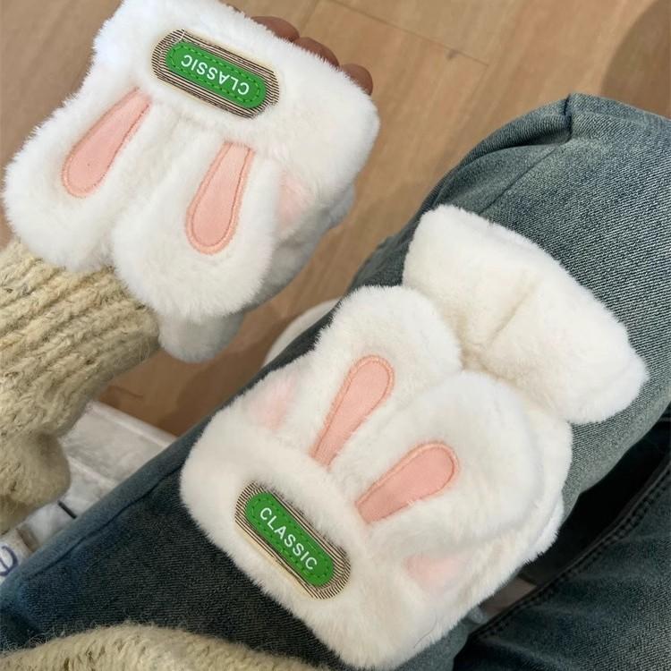 New warm and cold-proof cute rabbit flip open finger gloves female cartoon cute plush sleeves
