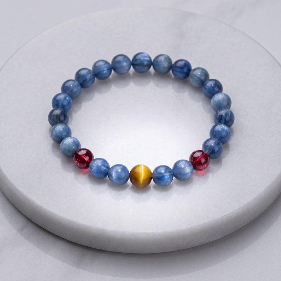 Natural Kyanite Garnet Tiger Eye Bracelet, Triple Chakra Healing Crystal Boho Jewelry, Color Block Energy Amulet for Women