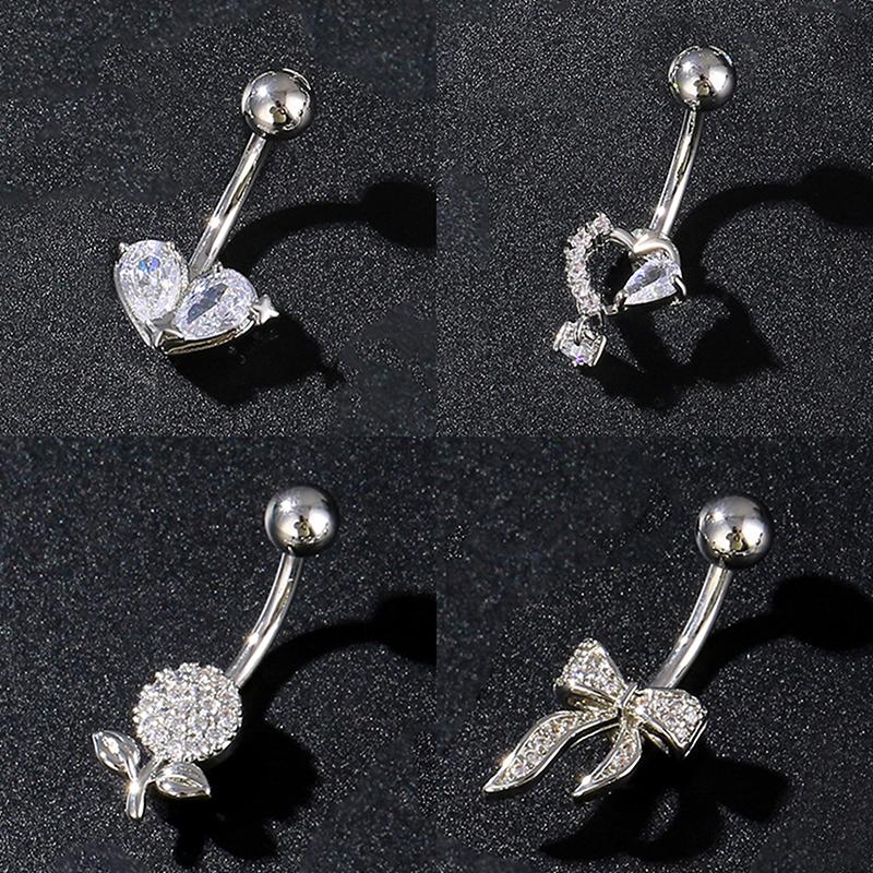 Fashion Zircon Belly Button Rings Stainless Steel Bow Heart Navel Piercing Ring For Women Sexy Belly Piercing Ring Body Jewelry