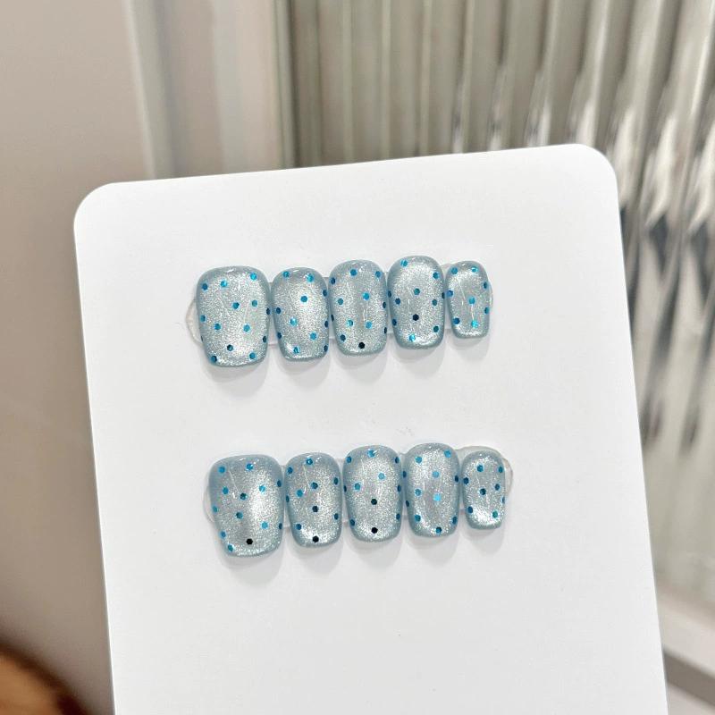 10 Pcs Handmade Cat Eye Blue Polka Dot Press On Nails Full Cover Fake Nails Stick On False Nail Tips