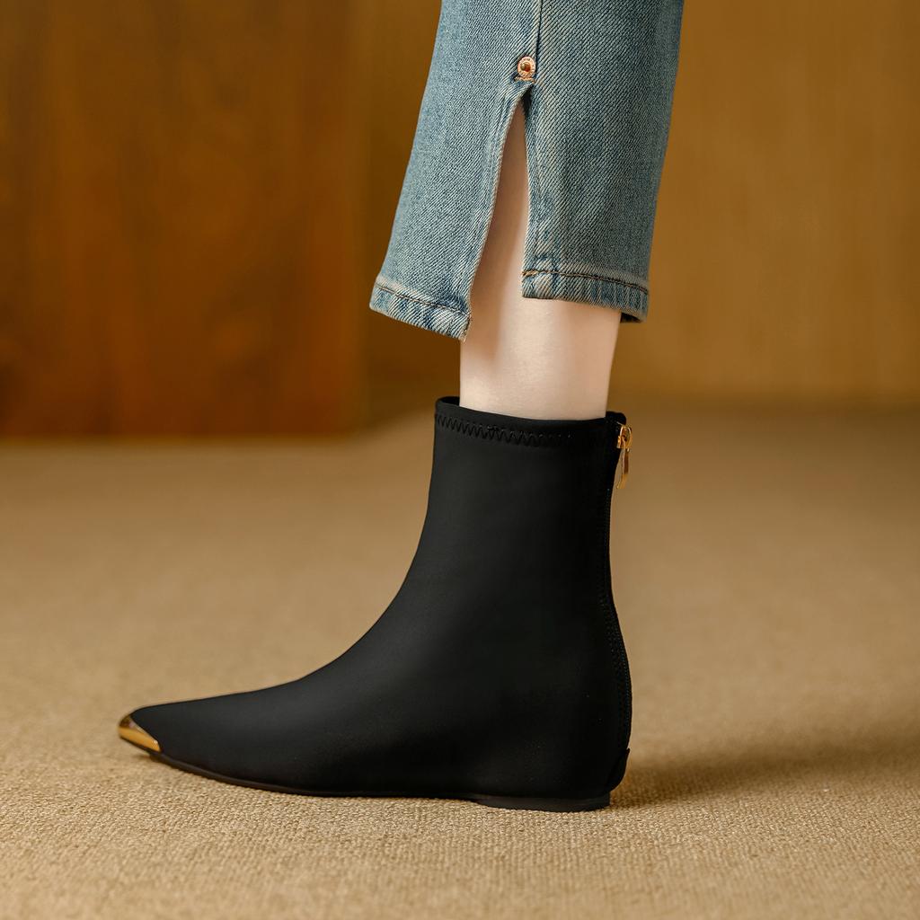 Anti-kick Inner Heightening Short Boots Women's 2025 Autumn and Winter New Metal Pointed Versatile European and American Style Elastic Thin Boots Bare