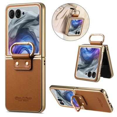 Luxe Business Ringhouder Lederen Hoesje Voor Motorola Razr 60 50 Ultra Schokbestendig Slank Galvanische Rand Huidgevoel Cover