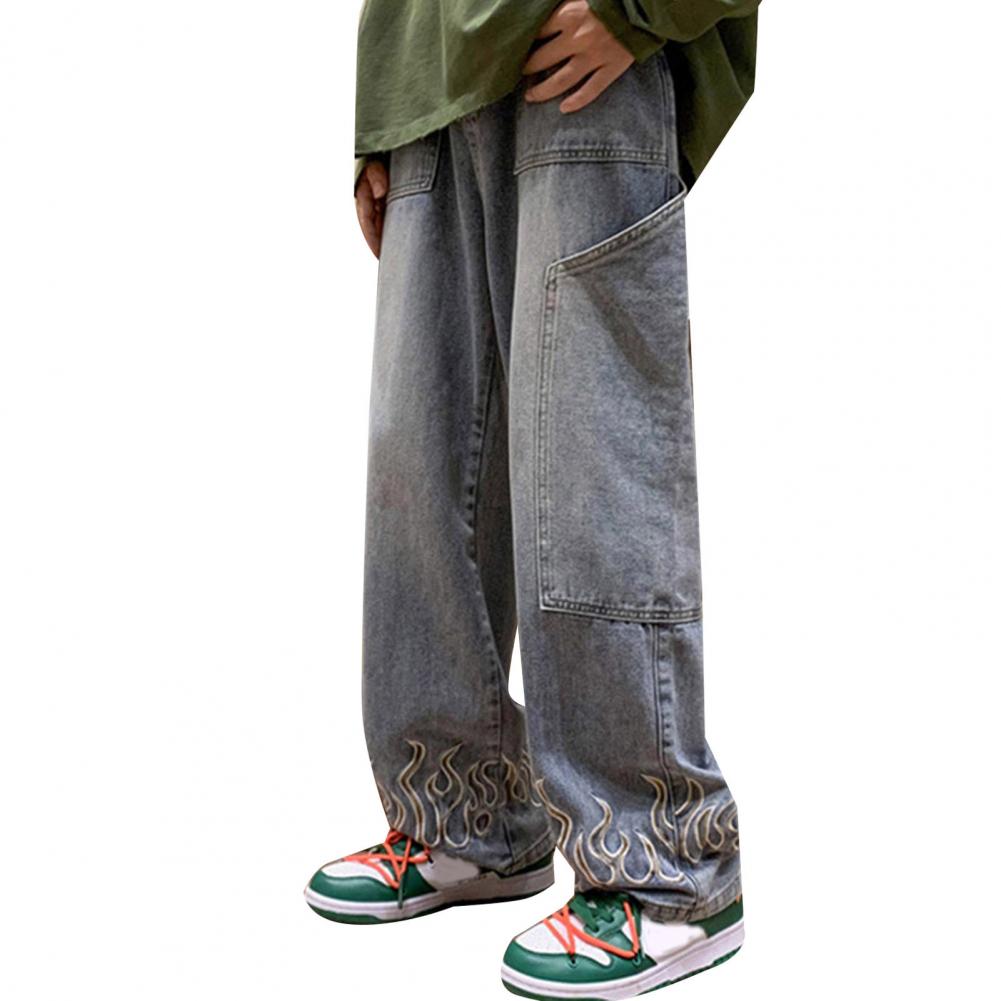 Muži Ležérní Džíny Flame vzor Velké kapsy Dlouhé kalhoty Rovné Široké nohavice High Street Distressing Denim Kalhoty