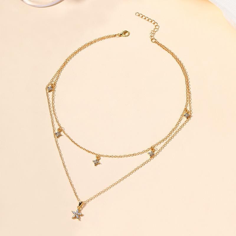 Alloy five-pointed star necklace, new simple jewelry with diamonds, personalized flowers, multi-layer female collarbone chain