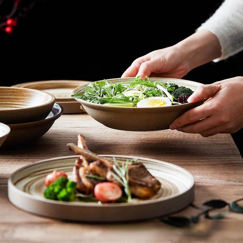 Japanese Ceramic Dishes Creative Retro Coarse Pottery Eating Bowl Dish Hand-made Plate Household Fish Plate Steak Plate