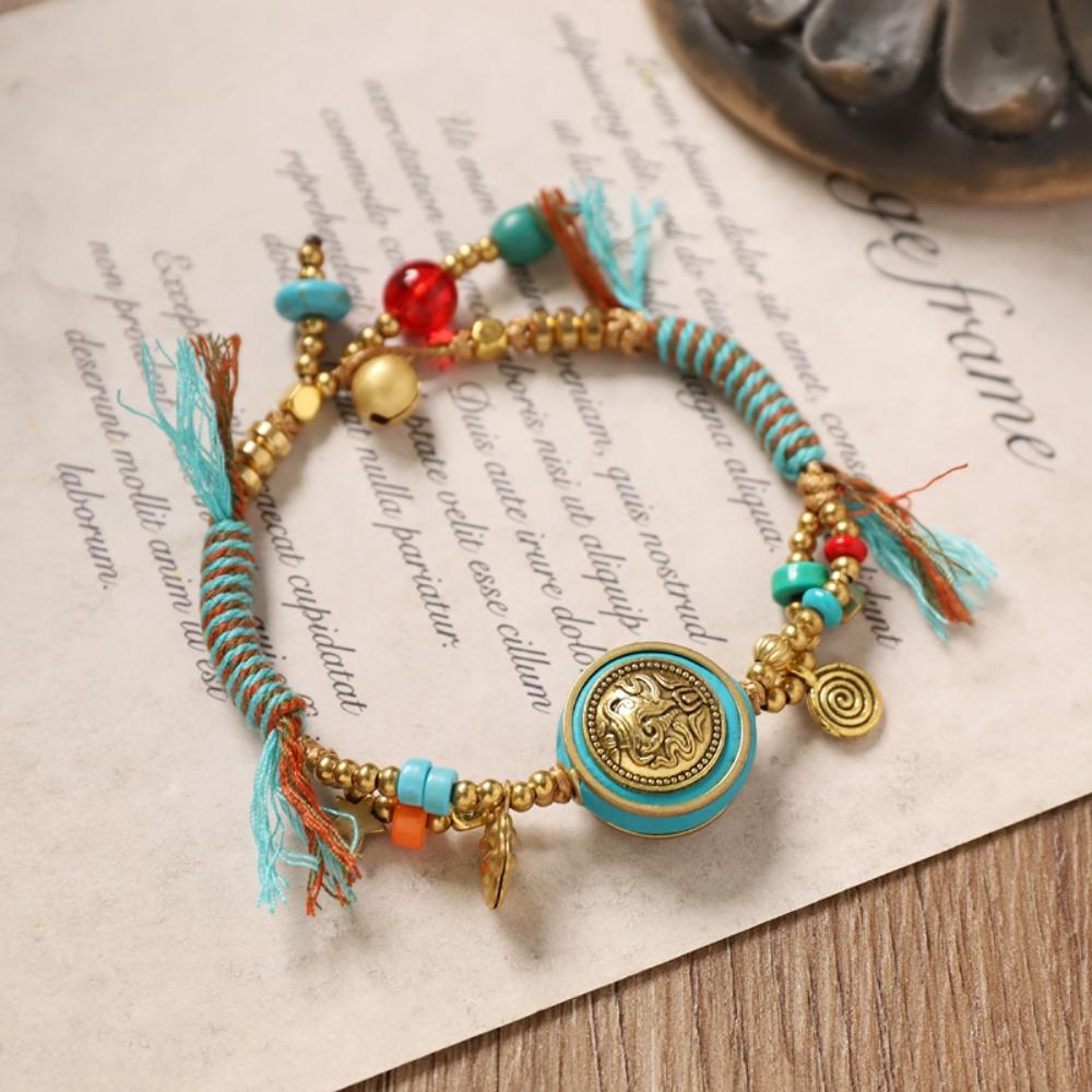 Copper Woven Hand Rope Adjustable Beads Braided Bracelet Ancient Style Ethnic Style Bracelet  Girls