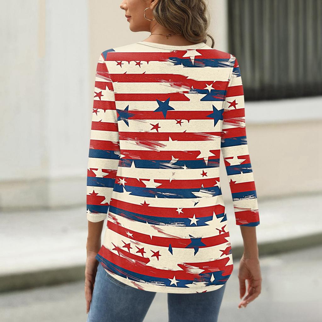 Women's T Shirt Independence Day Print Button 3/4 Sleeve Daily Weekend Fashion Basic V- Neck Regular Top