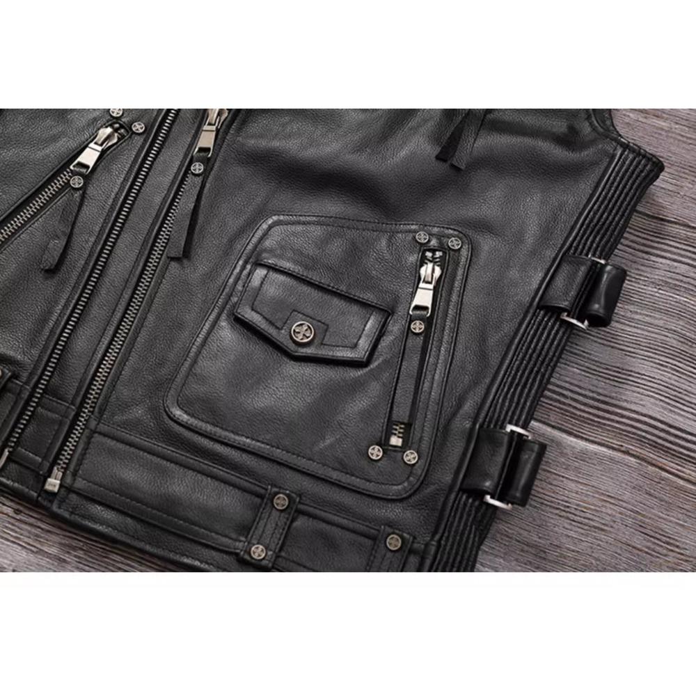 Chinese Size Biker Vest Top Layer Cowhide Leather Vest Men's Slim Short Motorcycle Clothing Riding Jacket Sleeveless Genuine Cow Club Vest