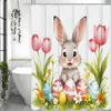 Easter Shower Curtain, Cute and Funny Cartoon Bunny Tulip and Green Grass Colorful Eggs, Polyester Fabric Bathroom Decorative S