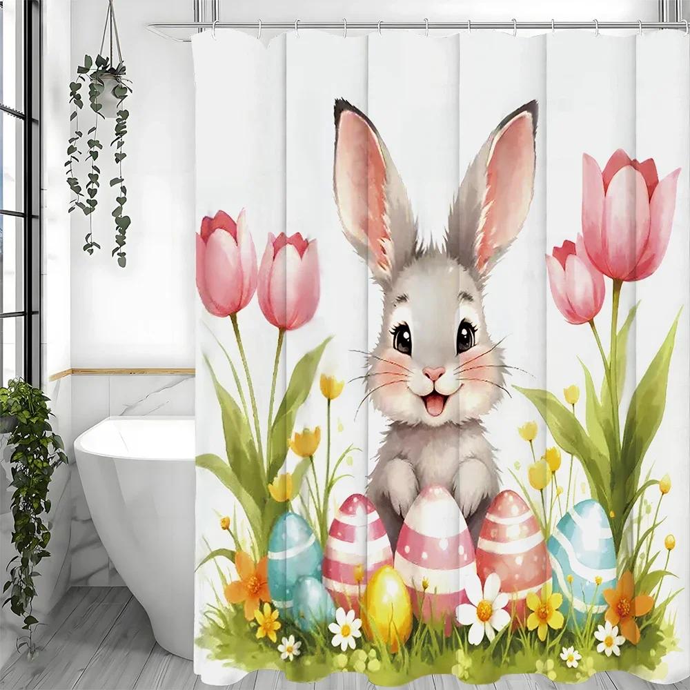 Easter Shower Curtain, Cute and Funny Cartoon Bunny Tulip and Green Grass Colorful Eggs, Polyester Fabric Bathroom Decorative S