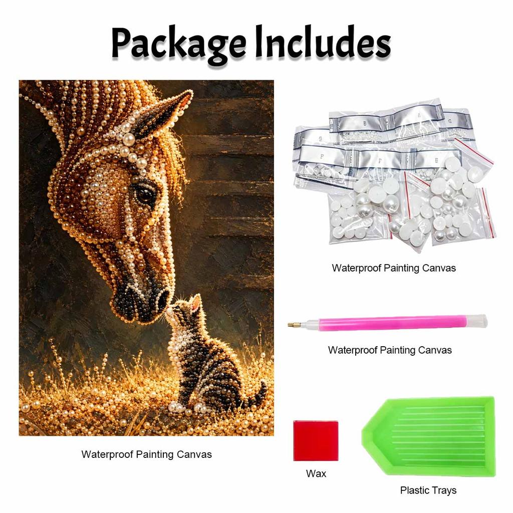 Horse and Cat Pearl Painting Kit with Frame Sparkling Bead Canvas Romantic Handmade Wall Decor for Animal Lover Gift for Women