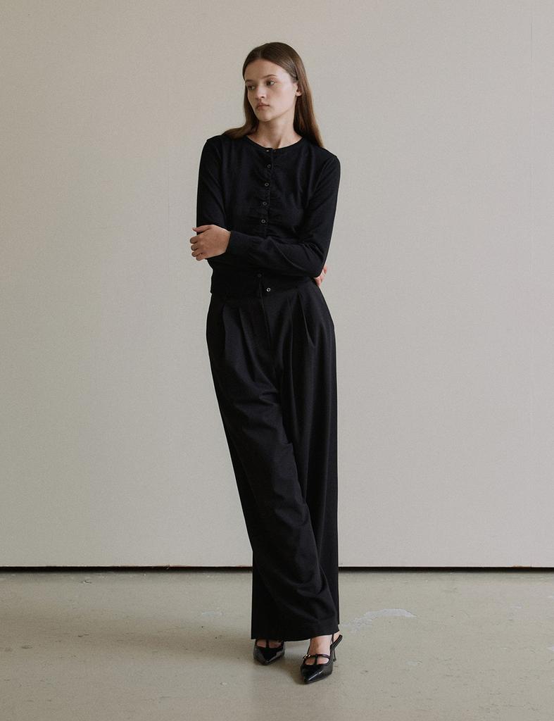 THEELO Wool Blended Two Tuck Wide Pants (Black)