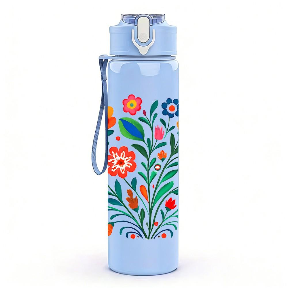 1PC Bright Folk Style Flower Bouquet Print 750ml Color Plastic Sports Water Bottle Leakproof Flip Straw Lid Suitable for Sports Office Home Use