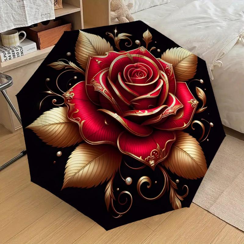 1pc Golden Rose Ornament Umbrella with Plastic Handle,Suitable for All Seasons Home Travel Outdoor UmbrellaDD1081