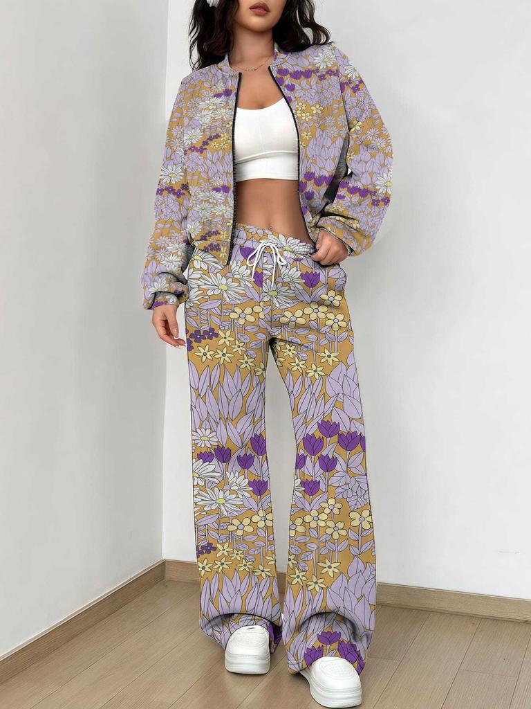 Striped Autumn And Winter New European And American Women'S Clothing Pink Flower Printing Suit Women