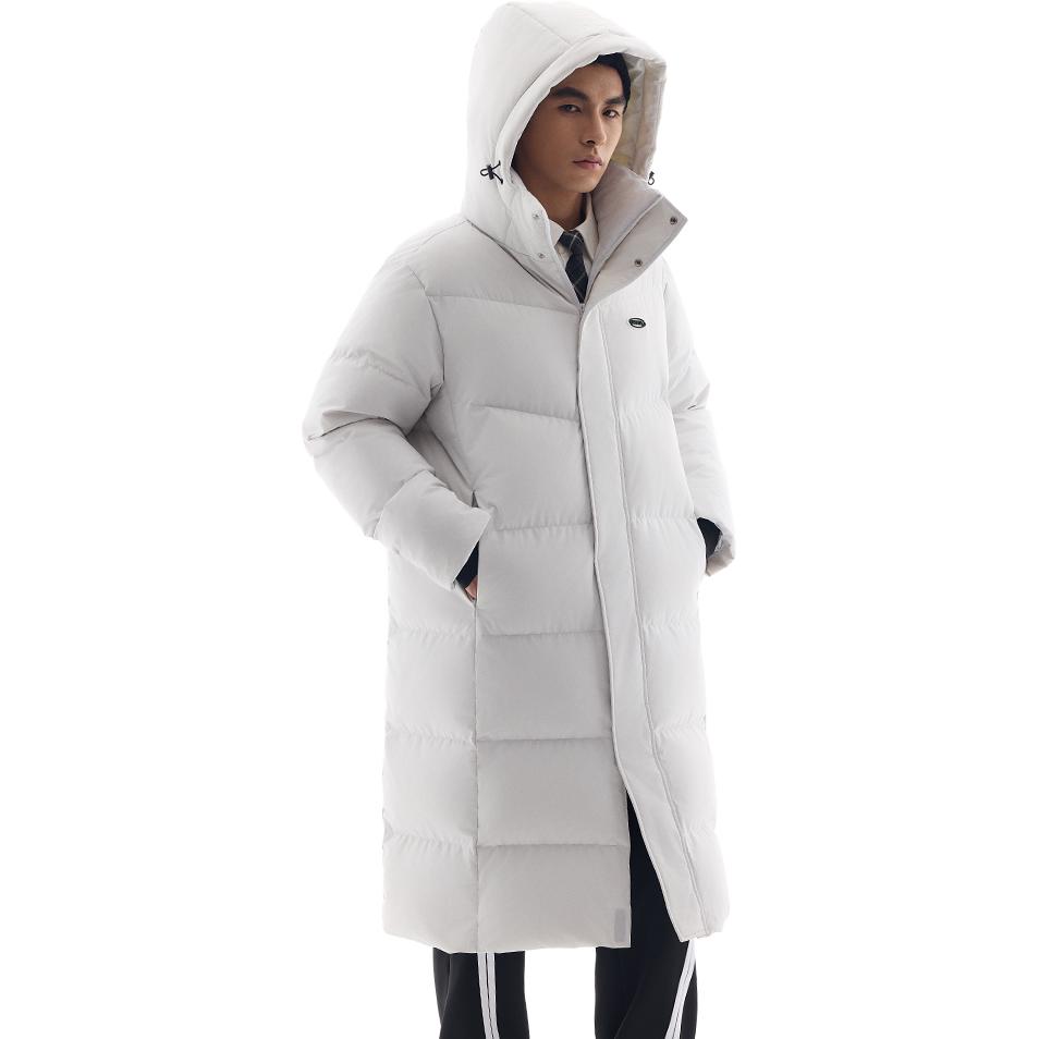 Anta Solid Color Zipper Hooded Comfortable Breathable Long Down Jacket Men Outerwear Sand-Gray 972448902-5