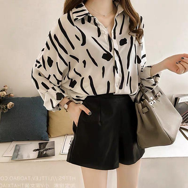 Übergröße Damen Ulzzang Bedrucktes Hemd Langarm Lockere Bluse Lässig Dünn Knopf Koreanische Blusen Oversize Hemden