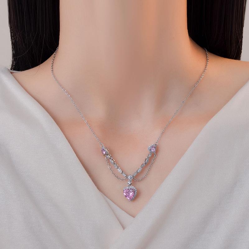 Chao Xiaobai Sterling Silver & Colored Cubic Zirconia Heart Necklace for Women - Elegant & Versatile Clavicle Chain.