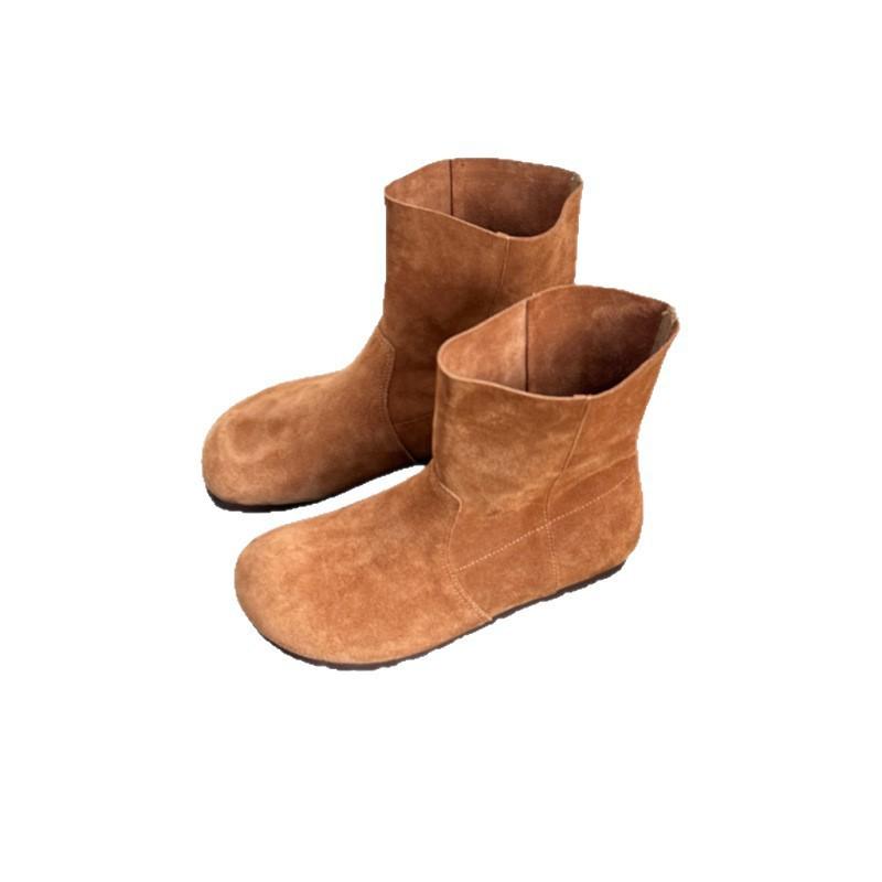Retro round head frosted leather thick-soled versatile short boots 2025 autumn and winter niche design turning hair and looking thin fla