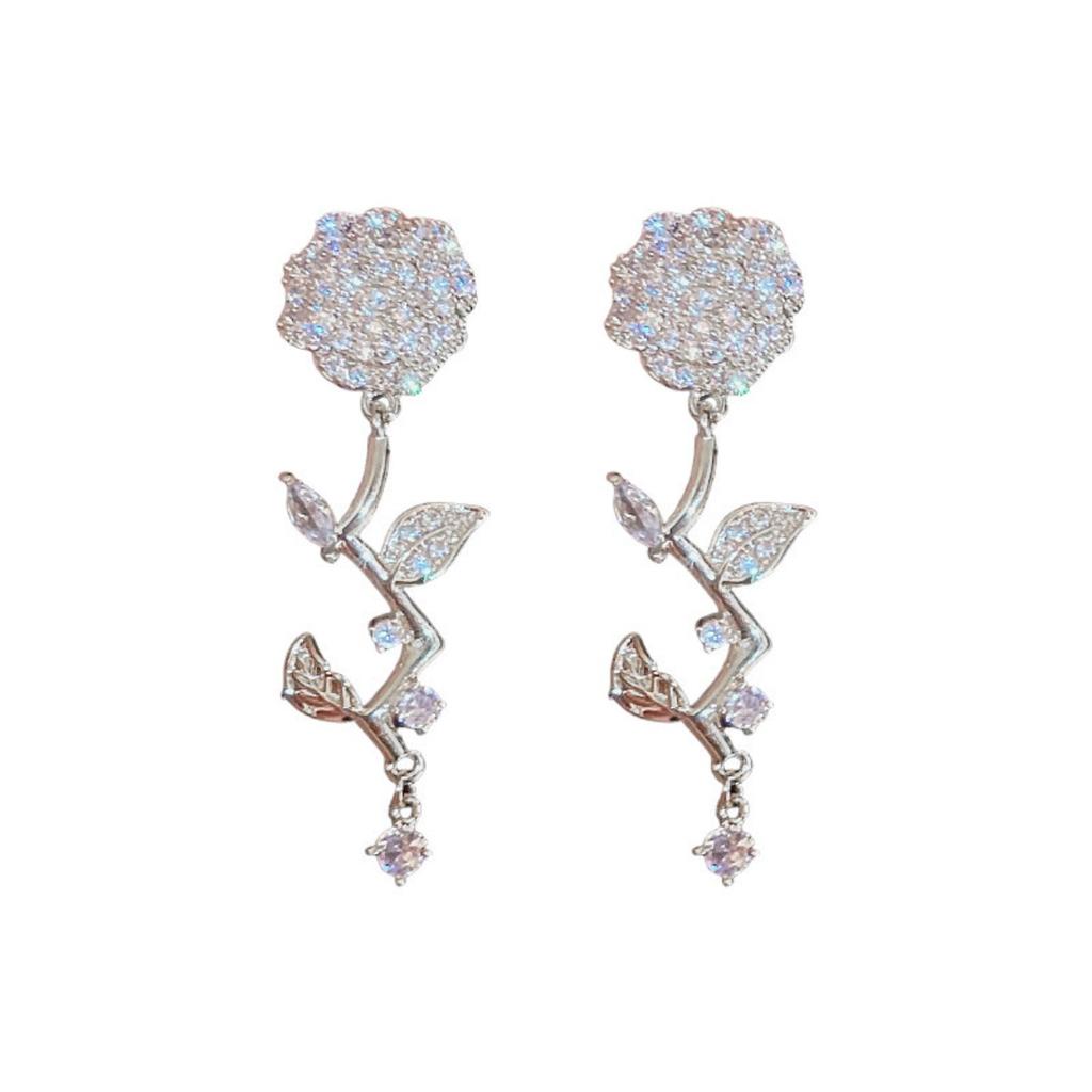 Rose Flower Drop Earrings for Women Sparkly Leaf Dangle Earrings Elegant Wedding Party Jewelry Gift