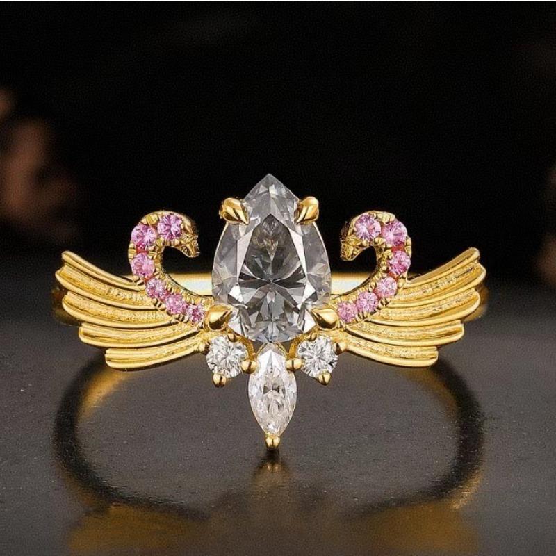 Huajie Sparking Cubic Zirconia Angel Wings Sweet Rings for Women Cute Girls Party Gifts Creativity  Fashion Tide 10 золотой