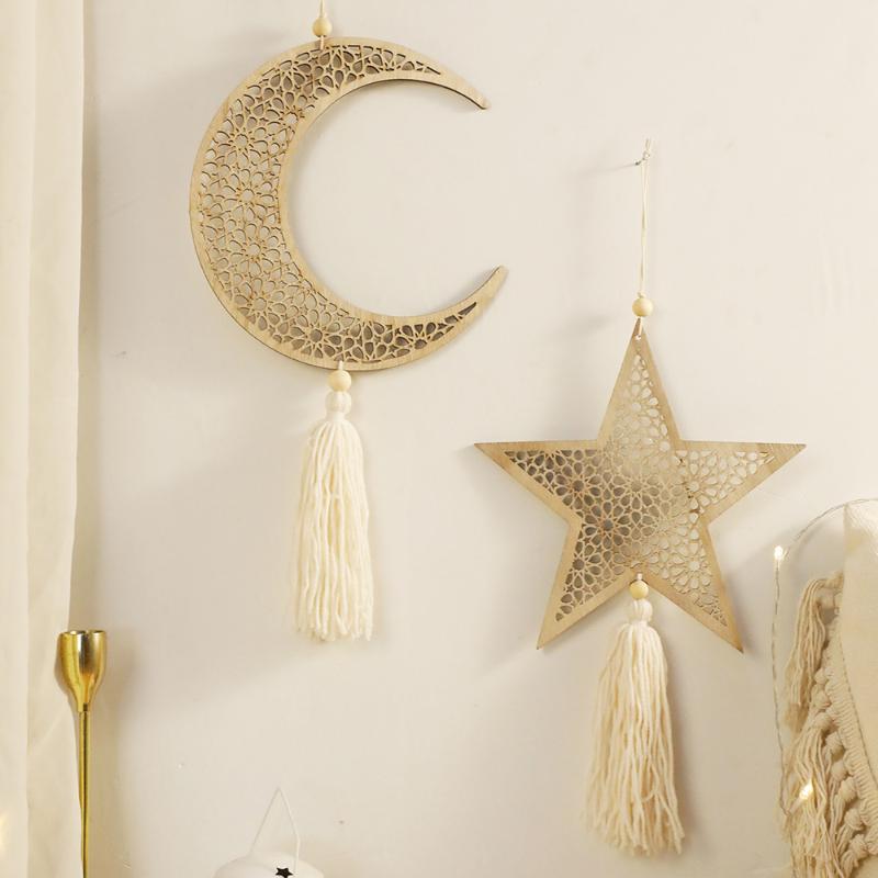 Ramadan Wooden Hanging Ornament Moon And Star Hollow Wall Decor With Tassel Eid Mubarak Muslim Decor Ramadan Kareem Gift