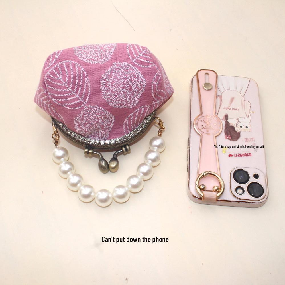 10.5cm Canvas Leaf Print Clasp Coin Purse - Handmade Retro Ladies' Clutch with Snap Closure