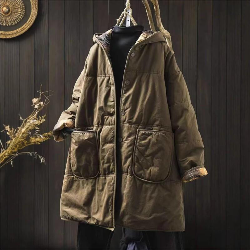 Women Vintage Hooded Parkas Button Solid Color Coats Winter Long Sleeve Pockets Warm Plus Cotton Parkas
