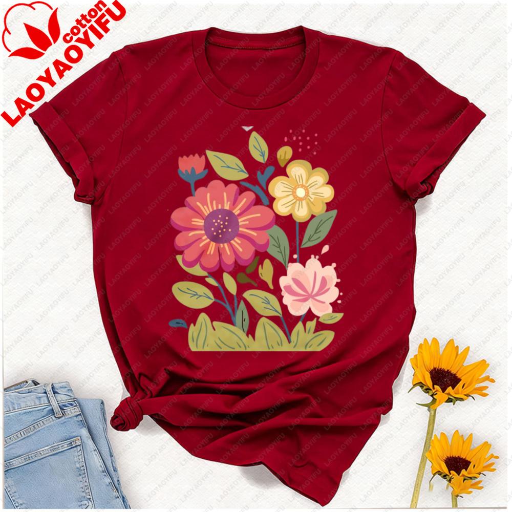 Unisexs Floral Graphic TShirt Short Sleeve Wildflower Tee Colorful Botanical Print Soft Cotton Crew Neck Shirt Spring Summer