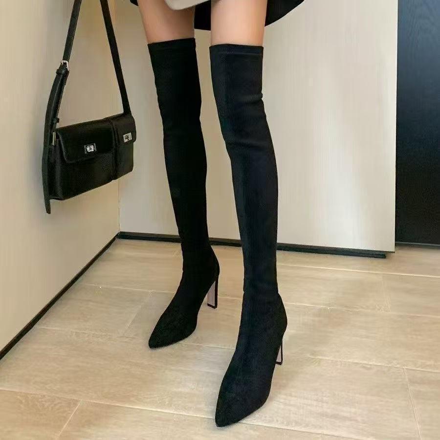 Autumn 2025 Women's Over-the-Knee Suede Boots: Chunky Heel, High Shaft, Elastic, Pointed Toe
