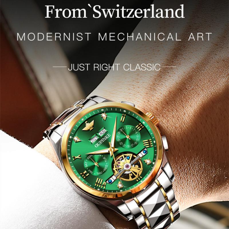 OUPINKE Nouvelle montre mécanique pour homme d'affaires et de loisirs Green Water Ghost Montre mécanique multifonctionnelle Montre d'affaires haut de gamme