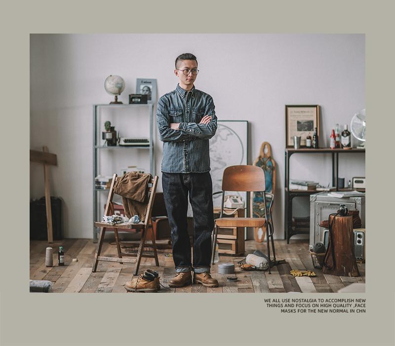 Herren Distressed Khaki Gestreiftes Denim Workwear Hemd