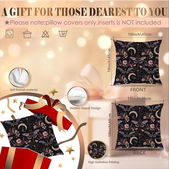 Gothic Moth Butterfly Pillow Covers 18x18 Set of 2, Dark Academia Witchy Moon Celestial Pillow Covers for Couch, Gothic Home Decor,Witchy Decor