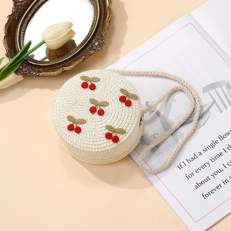 Children Foldable Woven Straw Bag Summer Girl Shoulder Bags Red Cherries Kids Handbags Beach Travel Crossbody Bags Small Wallets
