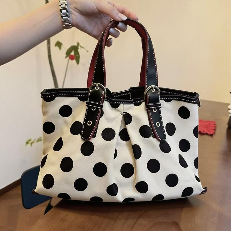 Champagne-colored Polka Dot Tote Bag Belt Buckle Decoration Large Capacity Handbag Stylish Satin Pleated Women's Shoulder Bag