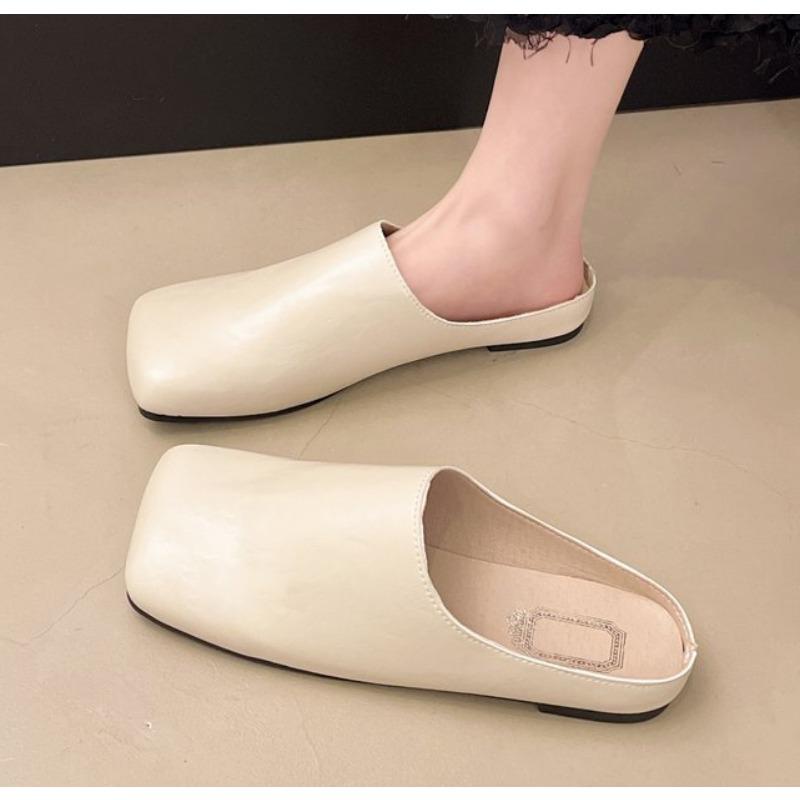 Fashion New Women Mules Summer Elegant Square Closed Toe Flat Slippers Female Shoes Casual Leather Black White Slides Plus Size 35-42