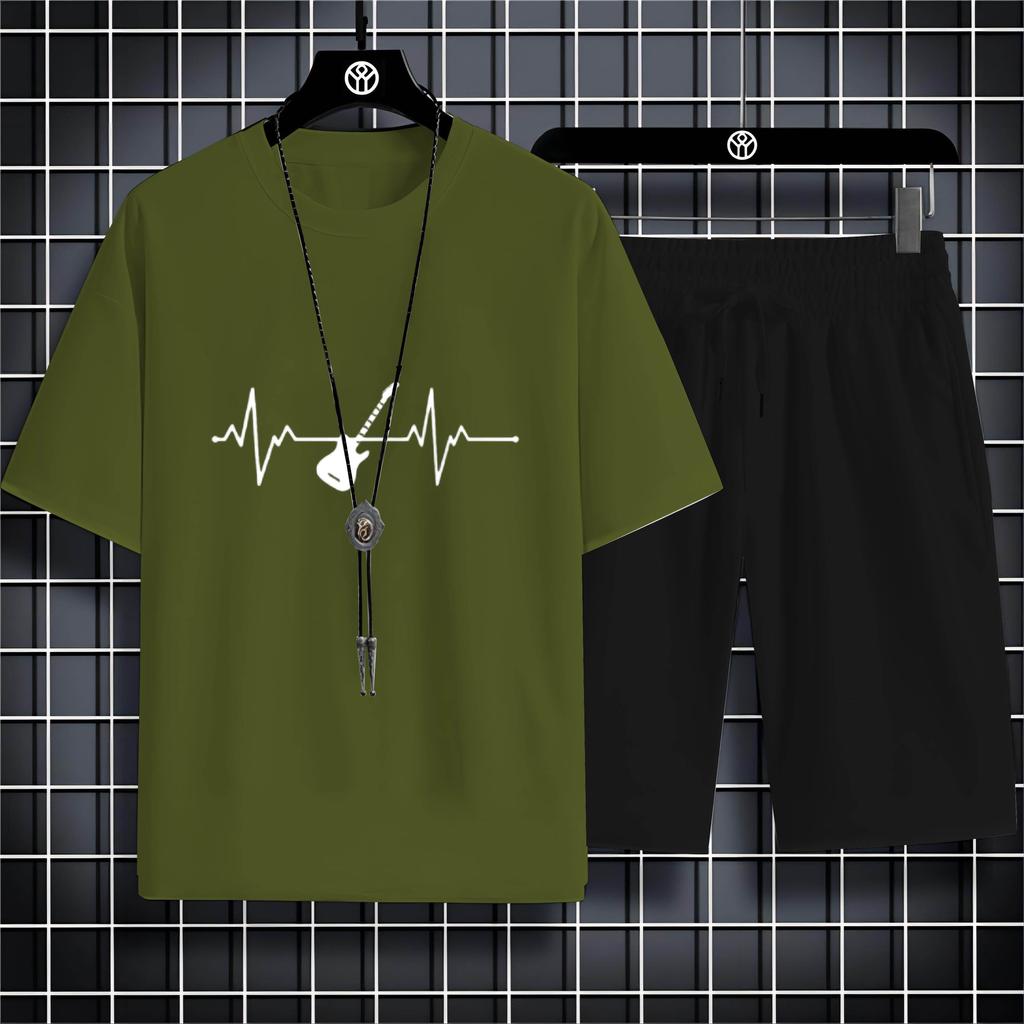 Summer 2023 Casual Outdoor Sports Style 2d Bike Print Men'S Crew Neck T-Shirt Trouser Set Loose And Comfortable Quick Dry