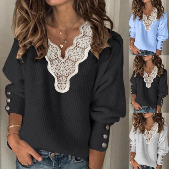 Maglione da Donna Autunno Inverno Manica Lunga Patchwork di Pizzo Scollo a V Bottoni