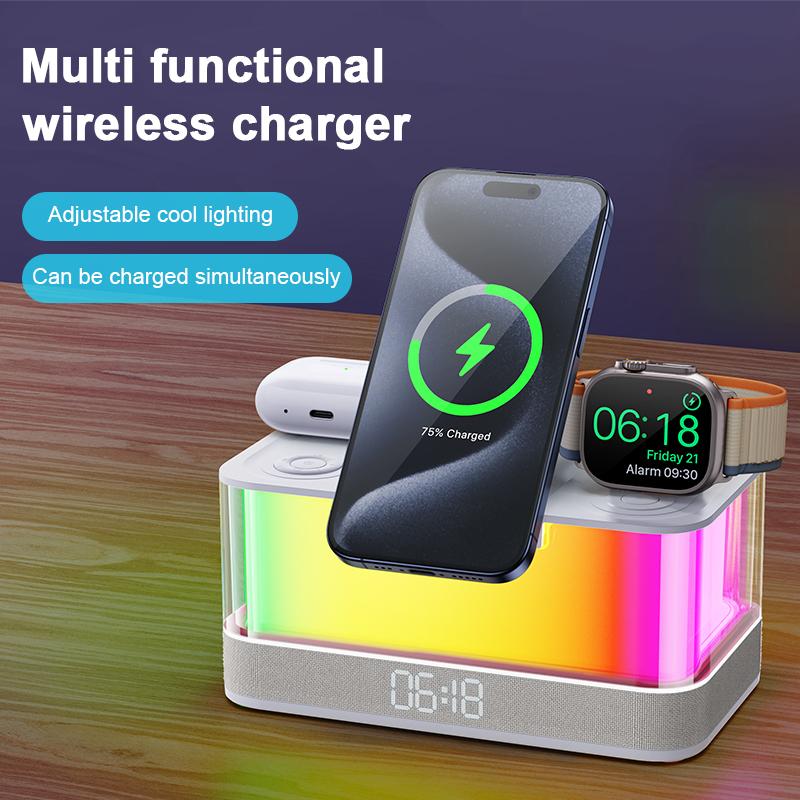 6 in 1 Air Version Desk Lamp Fast Charging Portable Speakers Alarm Clock Night Lights 3 in 1 Wireless Charger