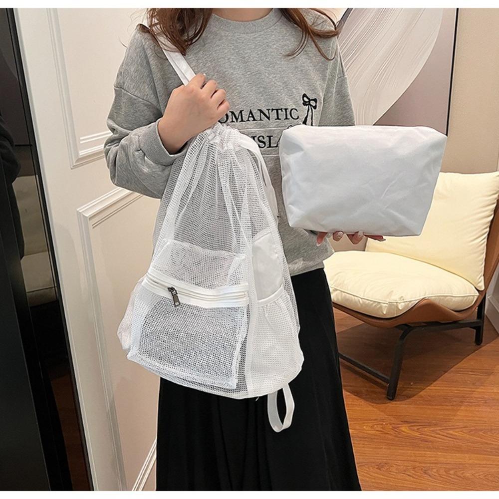 

Casual Hollow Drawstring Backpack Large Capacity Mesh Beach Bag with Inner Pocket Solid Color Nylon Backpack білий
