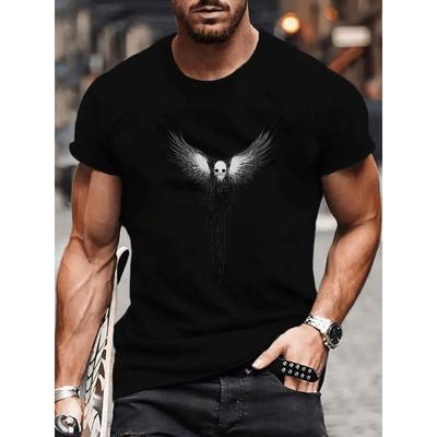 Taglie europee Design con motivo stampato Teschio e Ali Bianco e Nero, T-shirt Casual da Uomo a Maniche Corte con Girocollo e Motivo Stampato