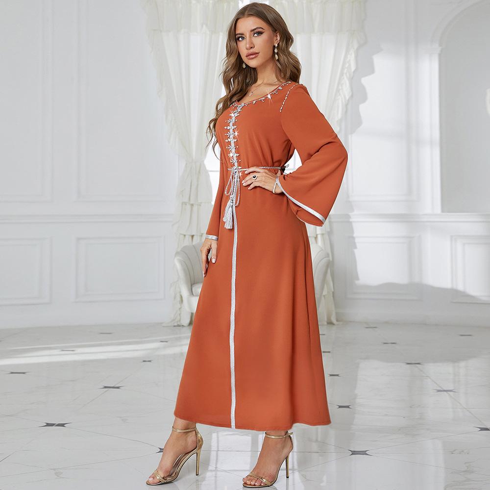 Women's Clothing Orange Round Neck Rhinestone Slim Robe Muslim Dress with Belt