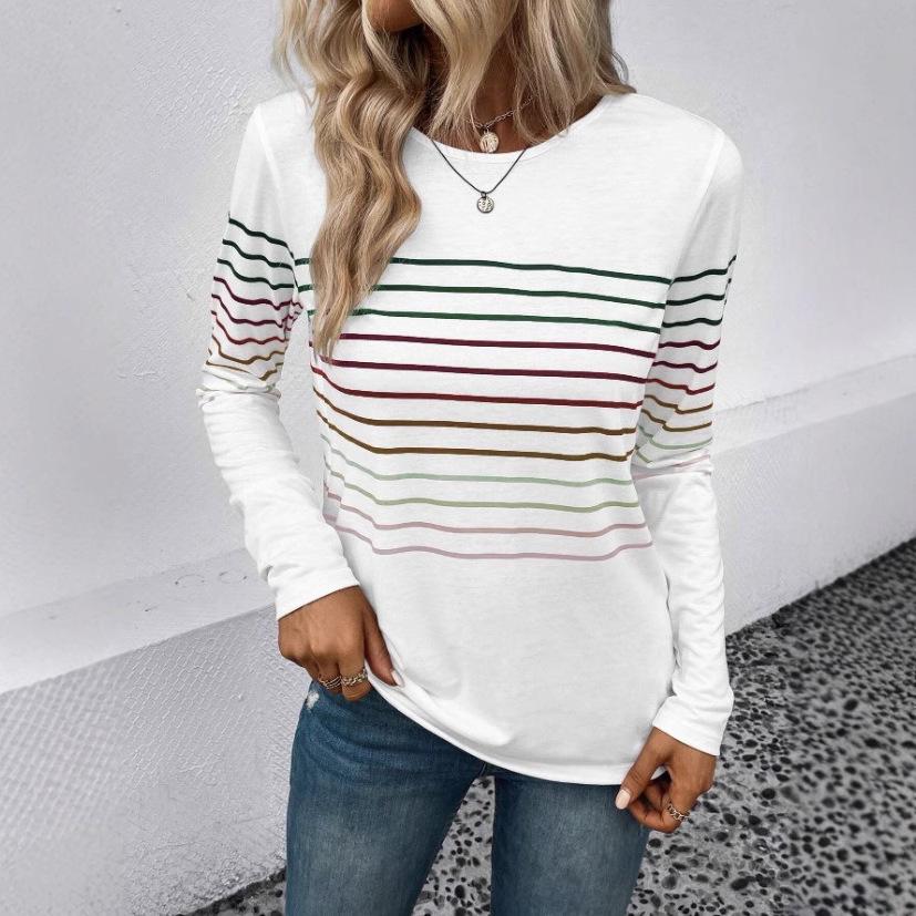 Autumn/Winter 2023 Women's Striped Crew Neck Long Sleeve T-shirt - European and American Fashion.