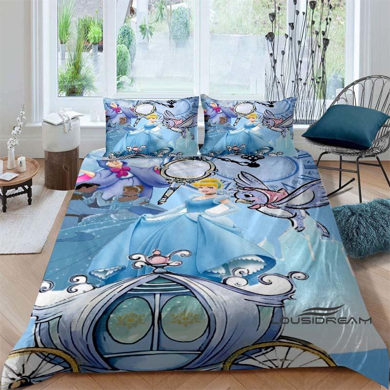 Cartoon-themed Cinderella fairy tale duvet cover and pillowcase bedding set, suitable for boys' and girls' bedrooms, and as a